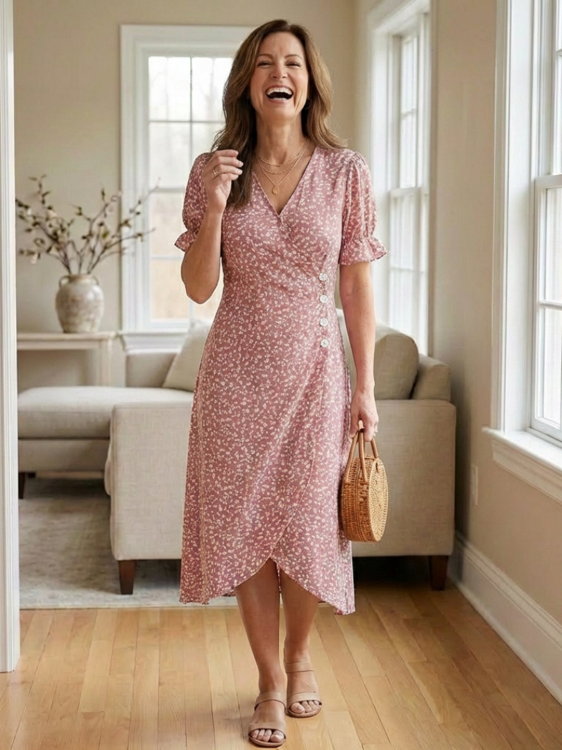 Lialia | Short Sleeve V Neck Floral Midi Dress