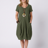 Selna | Short Sleeve Pleated Knee Length Dress