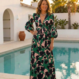 Fleurmarie | V Neck Tie Waist Long Sleeve Maxi Dress