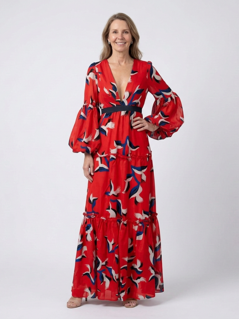 Fleurmarie | V Neck Tie Waist Long Sleeve Maxi Dress
