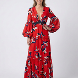 Fleurmarie | V Neck Tie Waist Long Sleeve Maxi Dress
