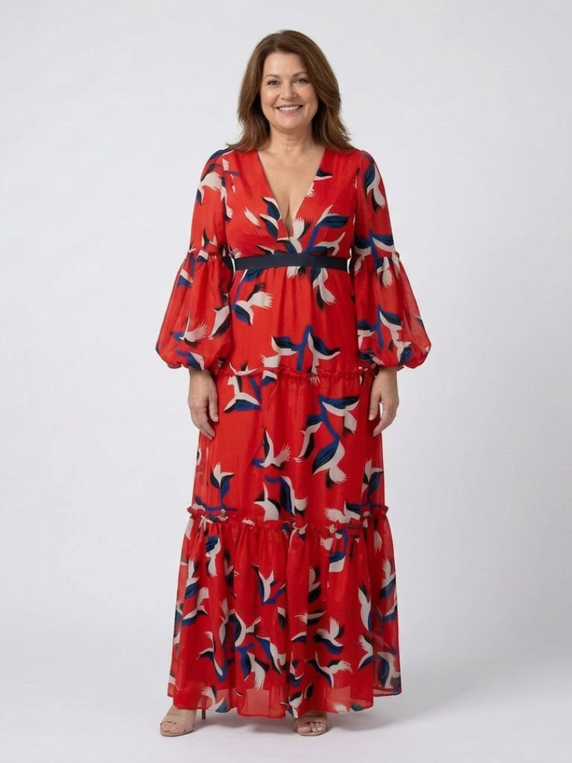 Fleurmarie | V Neck Tie Waist Long Sleeve Maxi Dress