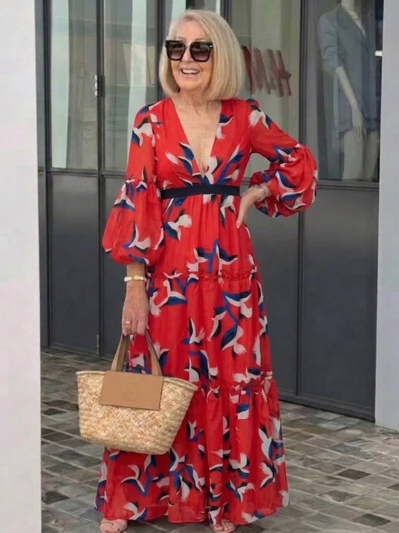 Fleurmarie | V Neck Tie Waist Long Sleeve Maxi Dress