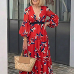 Fleurmarie | V Neck Tie Waist Long Sleeve Maxi Dress