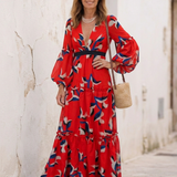 Fleurmarie | V Neck Tie Waist Long Sleeve Maxi Dress