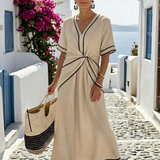 Faedra | V Neck Short Sleeve Gathered Waist Midi Dress