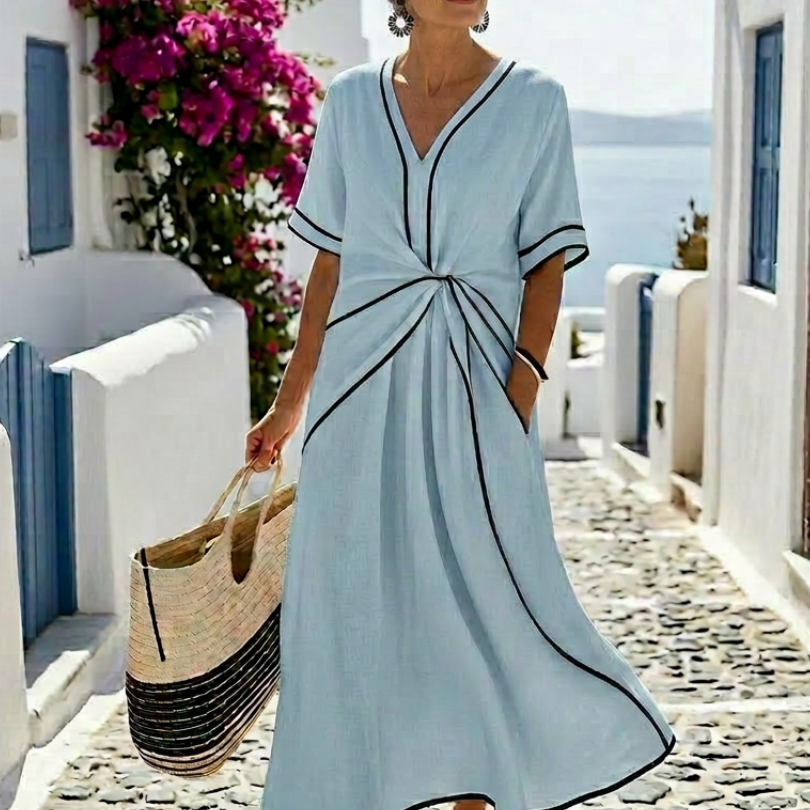 Faedra | V Neck Short Sleeve Gathered Waist Midi Dress