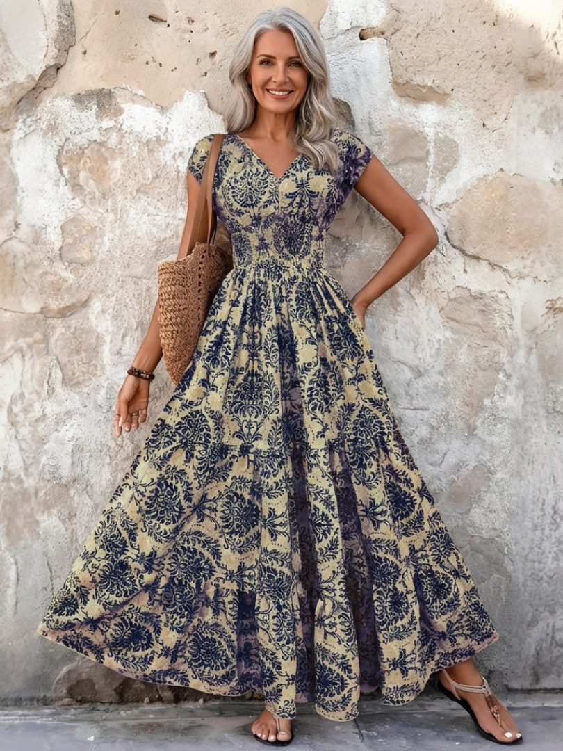 Normarie | Cap Sleeve V Neck Bohemian Maxi Dress
