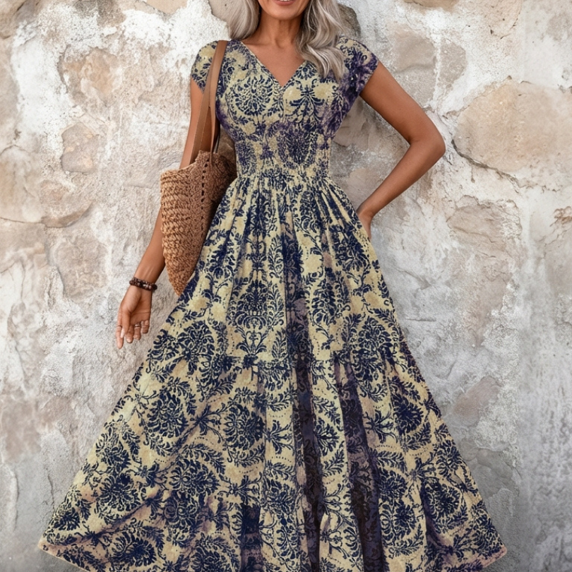 Normarie | Cap Sleeve V Neck Bohemian Maxi Dress