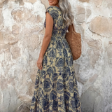 Normarie | Cap Sleeve V Neck Bohemian Maxi Dress