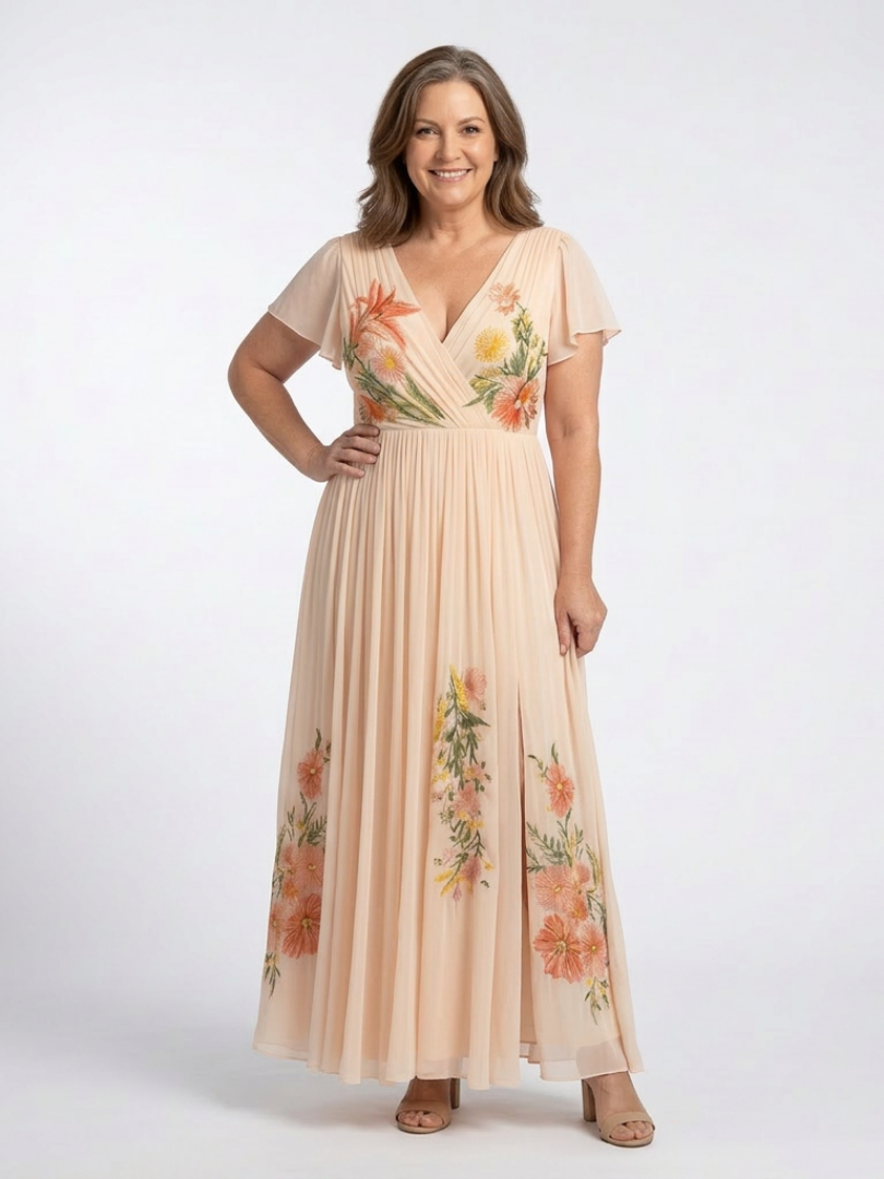 Briandra | V Neck Short Sleeve Pleated Floral Maxi Dress
