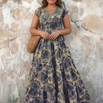 Normarie | Cap Sleeve V Neck Bohemian Maxi Dress