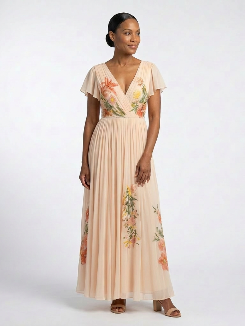 Briandra | V Neck Short Sleeve Pleated Floral Maxi Dress