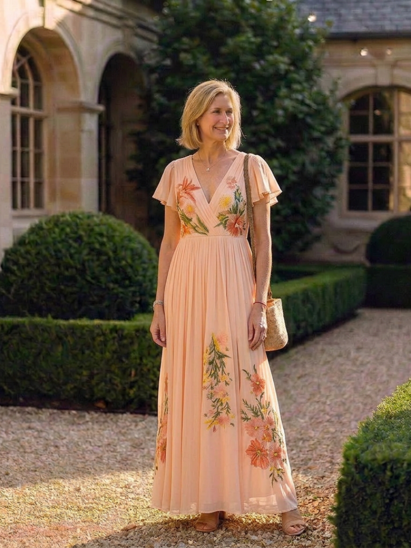 Briandra | V Neck Short Sleeve Pleated Floral Maxi Dress