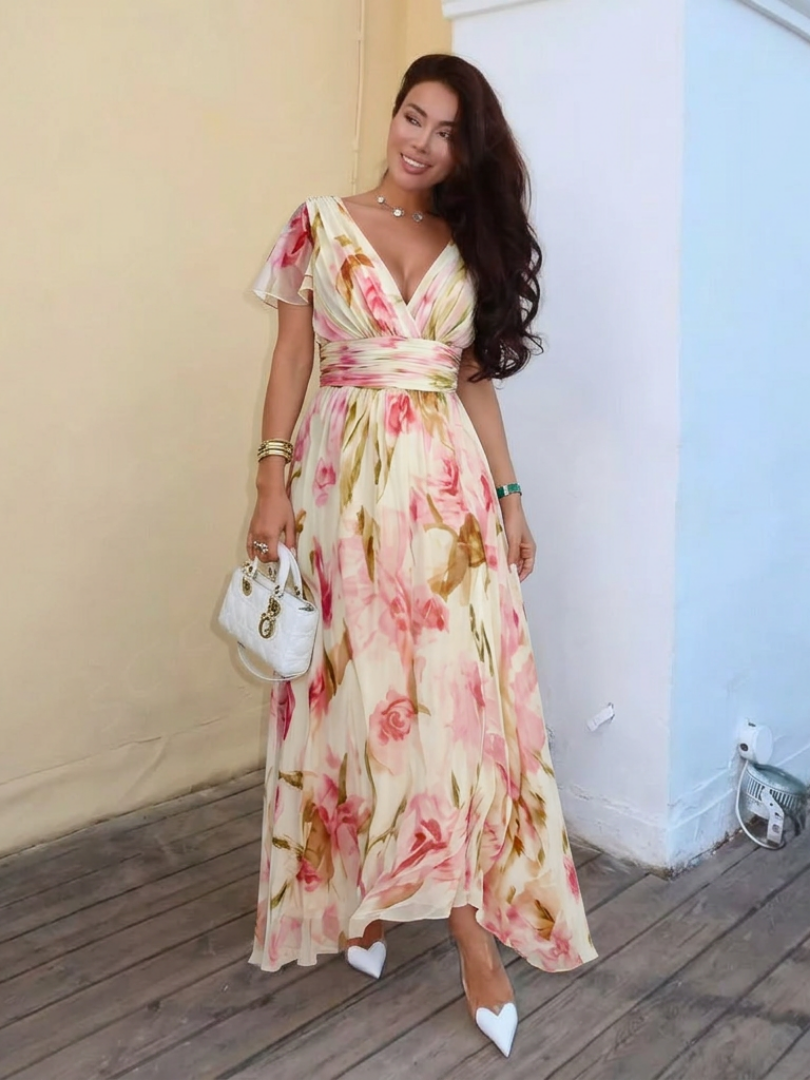 Wrennadra | V Neck Short Sleeve Floral Maxi Dress