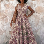 Normarie | Cap Sleeve V Neck Bohemian Maxi Dress