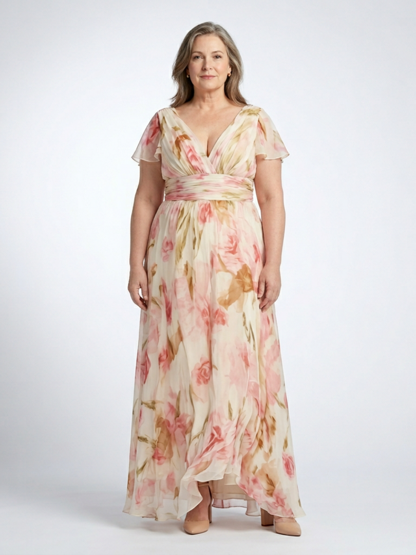 Wrennadra | V Neck Short Sleeve Floral Maxi Dress