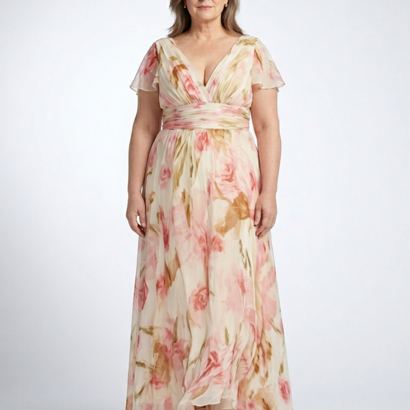 Wrennadra | V Neck Short Sleeve Floral Maxi Dress