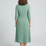 Halwynne | Cross Pleated V Neck Button Front Midi Dress
