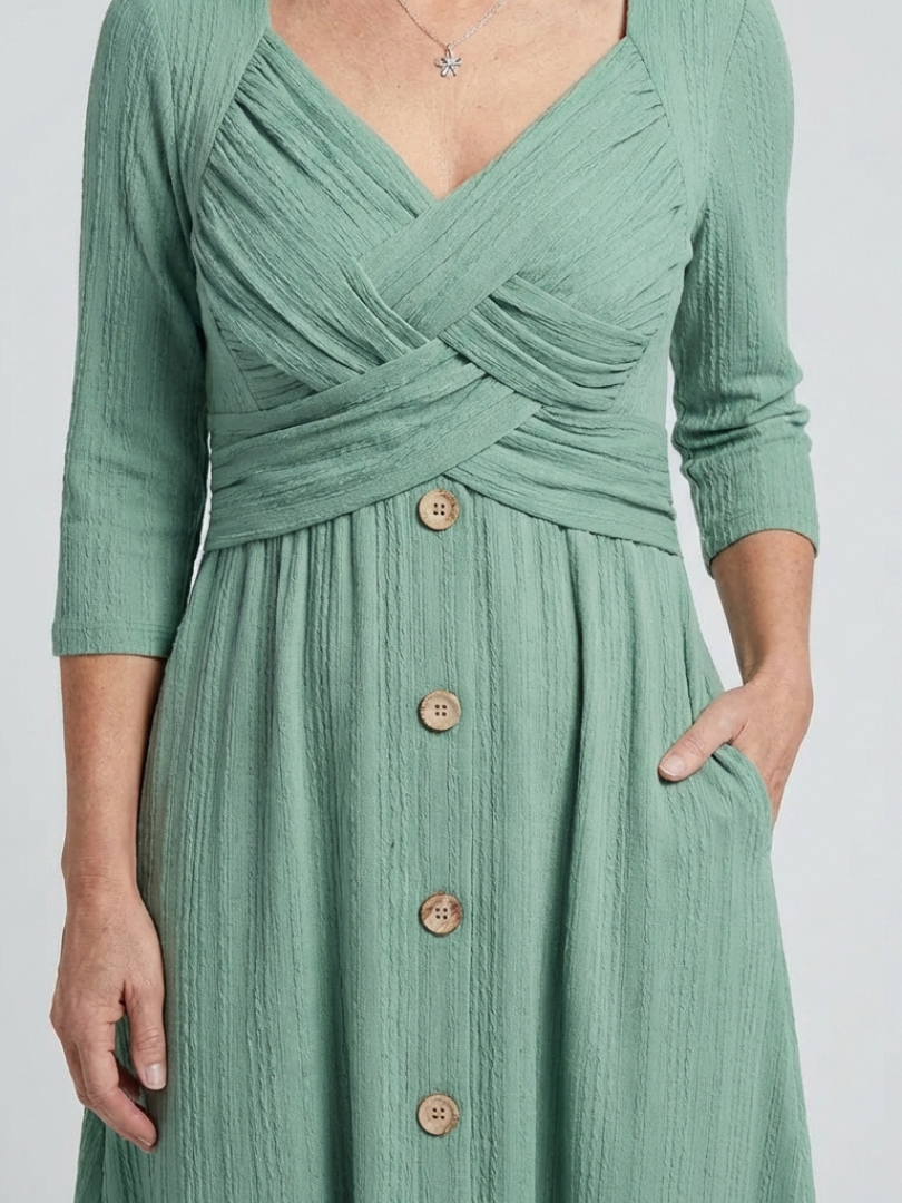 Halwynne | Cross Pleated V Neck Button Front Midi Dress