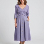 Halwynne | Cross Pleated V Neck Button Front Midi Dress