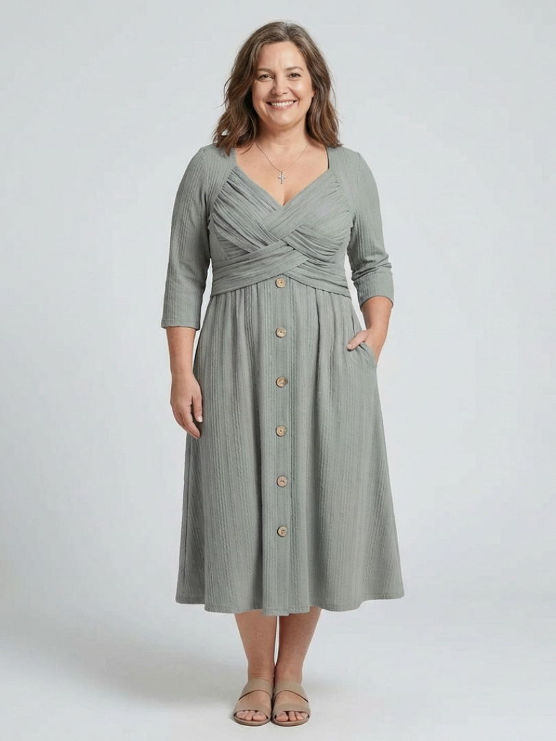 Halwynne | Cross Pleated V Neck Button Front Midi Dress
