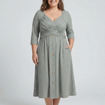 Halwynne | Cross Pleated V Neck Button Front Midi Dress