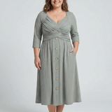 Halwynne | Cross Pleated V Neck Button Front Midi Dress
