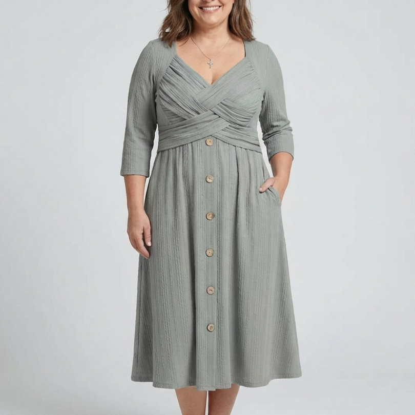 Halwynne | Cross Pleated V Neck Button Front Midi Dress