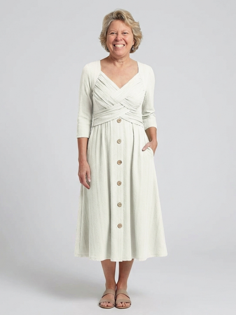 Halwynne | Cross Pleated V Neck Button Front Midi Dress