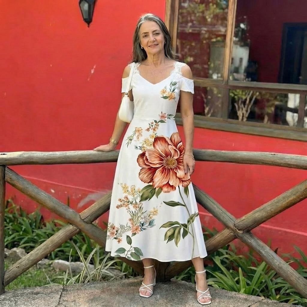 Brithea | Floral Off-Shoulder A-Line Midi Dress