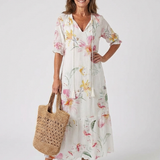 Nilabeth | Floral V Neck Short Sleeve Midi Dress