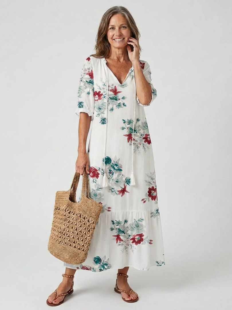Nilabeth | Floral V Neck Short Sleeve Midi Dress