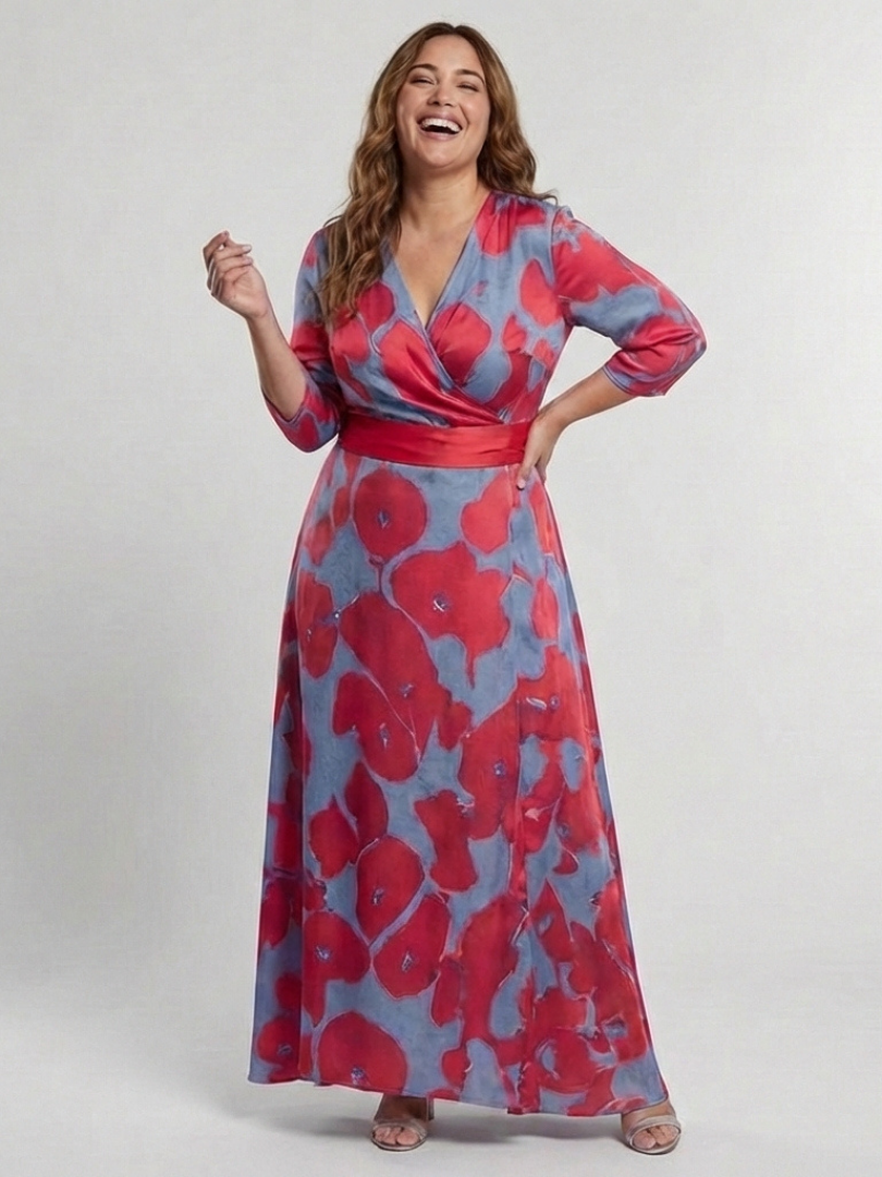 Delra | Three Quarter Sleeve V Neck Floral Maxi Dress
