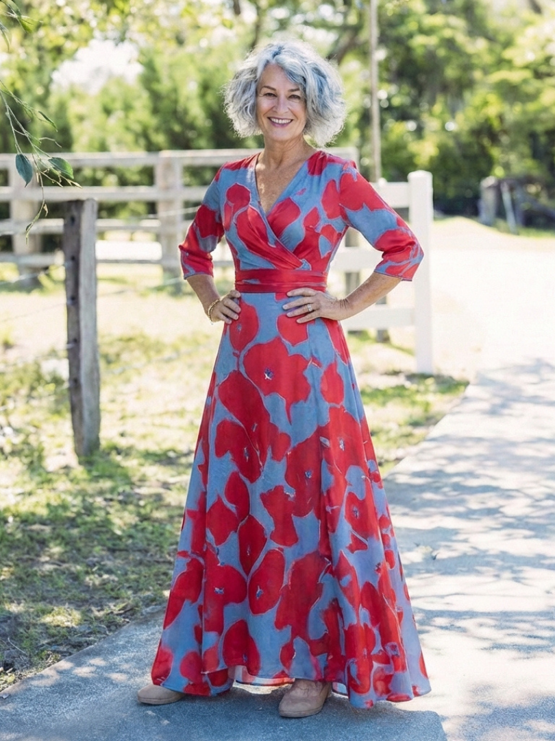 Delra | Three Quarter Sleeve V Neck Floral Maxi Dress