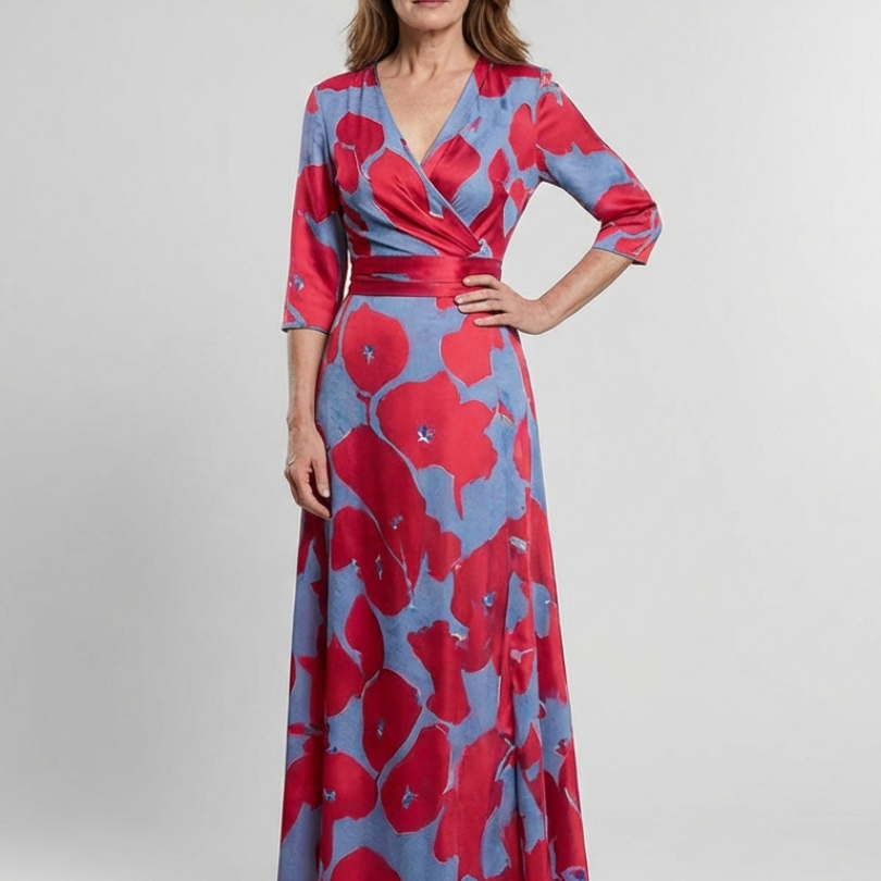 Delra | Three Quarter Sleeve V Neck Floral Maxi Dress